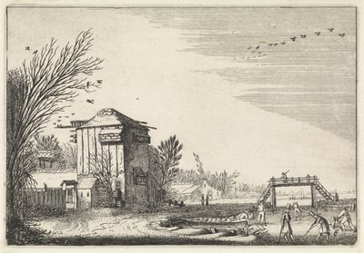 Flaska spelare på isen vid ett duvslag Landskap (serietitel) Amenissimae aliquot requculae (serietitel) av Jan van de Velde (II)