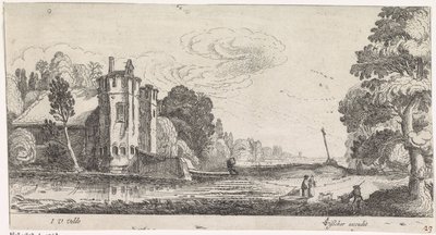 Landskap med figurer vid ett befäst hus med två torn av Jan van de Velde (II)