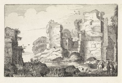 Landskap med ruiner och en vattenkvarn Landskap (serietitel) Amenissimae aliquot requculae (serietitel) av Jan van de Velde (II)