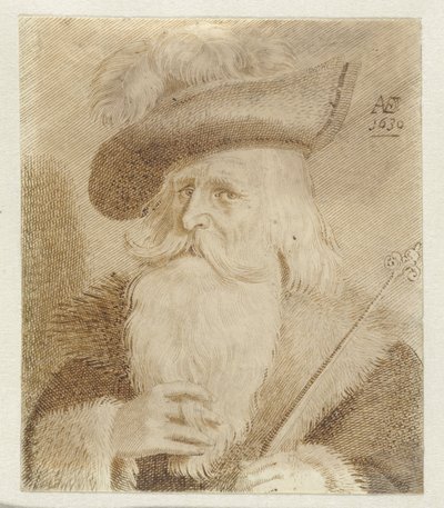 Man med pälskrage, mössa och stav av Jan van de Velde (II)