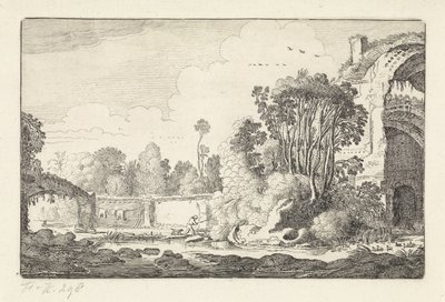 Man med en hund vid en ruin Landskap (serietitel) Amenissimae aliquot requculae (serietitel) av Jan van de Velde (II)