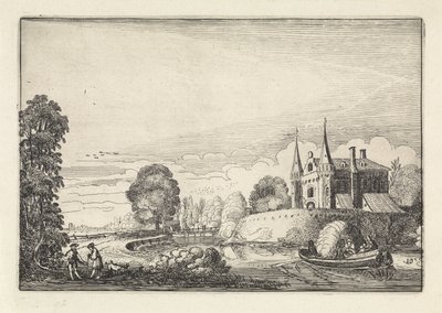 Fritidsbåt i en vallgrav Landskap (serietitel) Amenissimae aliquot requculae (serietitel) av Jan van de Velde (II)