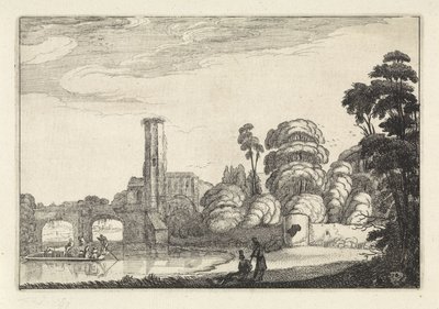 Pont vid en bro och en ruin Landskap (serietitel) Amenissimae aliquot requculae (serietitel) av Jan van de Velde (II)