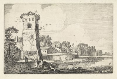 Pont med får vid ett torn i ett flodlandskap Landskap (serietitel) Amenissimae aliquot requculae (serietitel) av Jan van de Velde (II)