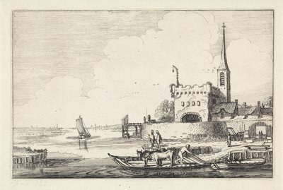Pont med boskap vid en fästning i ett flodlandskap Landskap (serietitel) Amenissimae aliquot requculae (serietitel) av Jan van de Velde (II)