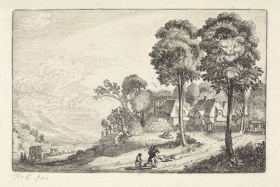 Resenärer på en stig nära en by Landskap (serietitel) Amenissimae aliquot requculae (serietitel) av Jan van de Velde (II)