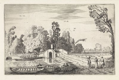 Flodlandskap med en stenbro Landskap (serietitel) Amenissimae aliquot requculae (serietitel) av Jan van de Velde (II)