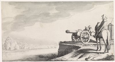 Ryttare och två soldater vid en kanon på en flodstrand Playsante landskap och roliga ansikten (serietitel) av Jan van de Velde (II)