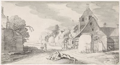 Bönder vilar längs en väg i en by Lekfulla landskap och underhållande ansikten (serietitel) av Jan van de Velde (II)