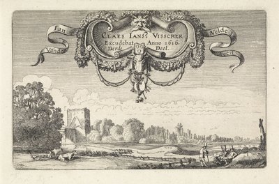 Vilande figurer i ett landskap med kor och ett torn Landskap (serietitel) Amenissimae aliquot requculae (serietitel) av Jan van de Velde (II)