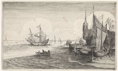 Skickar till och från kusten vid en kyrka Seascapes (serietitel) av Jan van de Velde (II)