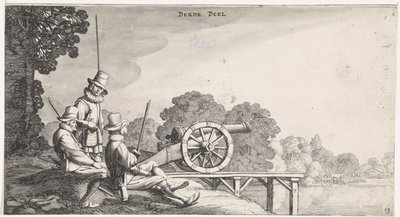Soldater nära en kanon på en brygga vid en flod Lekfulla landskap och underhållande ansikten (serietitel) av Jan van de Velde (II)