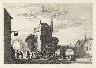 Stadsbild med en bro över en flod Landskap (serietitel) Amenissimae aliquot requculae (serietitel) av Jan van de Velde (II)