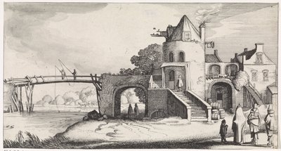 Tullhus med träbro över floden Playsante landskap och roliga ansikten (serietitel) av Jan van de Velde (II)