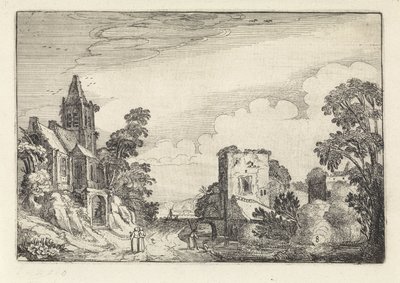 Torn och en kyrka i ett landskap Amenissimae aliquot requculae (serietitel) Landskap (serietitel) av Jan van de Velde (II)