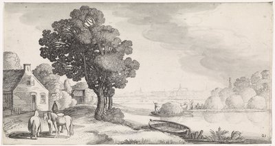 Hötransport på en flod med Haarlem i fjärran Playsante landskap och roliga ansikten (serietitel) av Jan van de Velde (II)