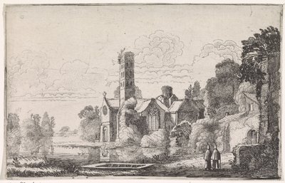 Två munkar vid ett kloster i ett flodlandskap Flodlandskap (serietitel) av Jan van de Velde (II)