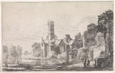 Två munkar vid ett kloster i ett flodlandskap Flodlandskap (serietitel) av Jan van de Velde (II)