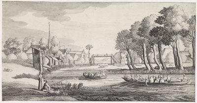 Två roddbåtar på en flod nära en by Playsante landskap och roliga ansikten (serietitel) av Jan van de Velde (II)