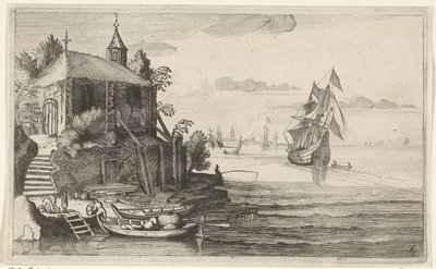 Tvåmästare vid en kust med kapell Seascapes (serietitel) av Jan van de Velde (II)
