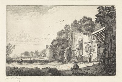 Kvinna med barn vid en ruin av ett hus Landskap (serietitel) Amenissimae aliquot requculae (serietitel) av Jan van de Velde (II)