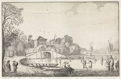 Vinterlandskap med skridskoåkare vid en bro Landskap (serietitel) Amenissimae aliquot requculae (serietitel) av Jan van de Velde (II)