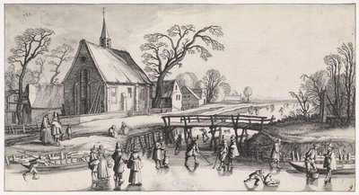 Vinterlandskap med skridskoåkare nära en by Lekfulla landskap och underhållande ansikten (serietitel) av Jan van de Velde (II)