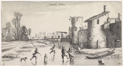 Vinterlandskap med skridskoåkare vid en stadsmur Trevliga landskap och underhållande sevärdheter (serietitel) av Jan van de Velde (II)