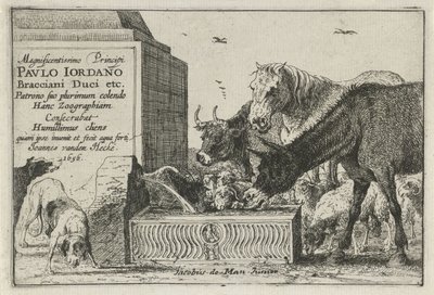 Djur vid en fontän Titeltryck på en serie tryck med representationer av djur Djur (serietitel) Zoographiam (serietitel på objekt) av Jan van den Hecke