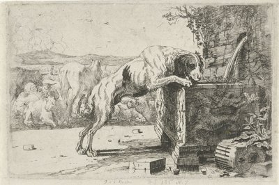 Hund bei einem Brunnen von Jan van den Hecke