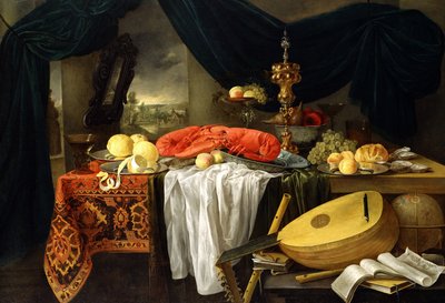 Stilleben med en hummer, citroner och en luta, 1645 av Jan van den Hecke