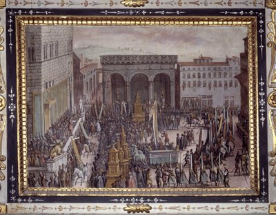 Firandet av smicker i Florens (firandet av hyllningar på Piazza della Signoria, Florens) av Jan van der Straet