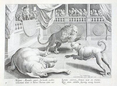Alexander den store sätter upp ett skådespel, ett lejon, en hund och en elefant kamp, illustration från 
