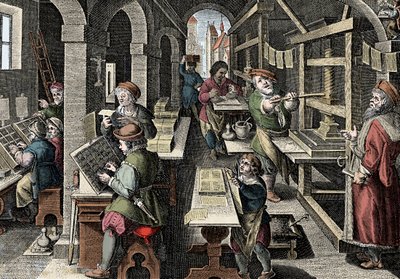 Tryckeri, c1600 - Holland, Tryckning: till vänster använder tecknen tecken, de olika stadierna i förberedelsen av tryckningen övervakas av en mästertryckare - Gravyr från "Nova Reperta" av Giovanni Stradano (Jan Van Der Straet) (Johanne) av Jan van der Straet