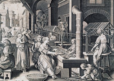Vermis sericus, kvinnor som spinner silke och eldar silkesmaskar, gravyr av Stradanus (1523-1605), Italien av Jan van der Straet