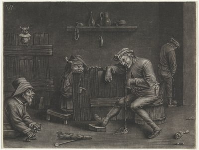 Interiör med en kissande man, kräkande man, en dvärg och en tiggare av Jan van der Bruggen