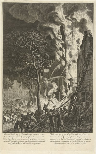 Brand på Lauriergracht i Amsterdam, 1669 Kraftig brand den 29 december 1669. uppstod i ett sockerbageri, på Laurier-transplantatet (…) / Grand feu, qui se prit le 29 december 1669. dans une sucrerie, sur le Laurier-transplantatet (…) (titel på objektet) av Jan van der Heyden (attributed to)
