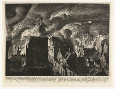 Släckning av den kraftiga branden på Elandsgracht, 1679 Swaaren brinner, till Amsterdam, mellan d