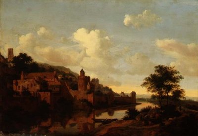 En befäst stad ovanför en flod (panel) av Jan van der Heyden