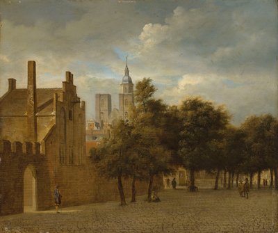 En stadsbild med människor som promenerar, en kyrka bortom av Jan van der Heyden