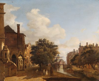 Arkitektonisk fantasi, med det gamla rådhuset, Amsterdam c.1667-72 (olja på ekpanel) av Jan van der Heyden