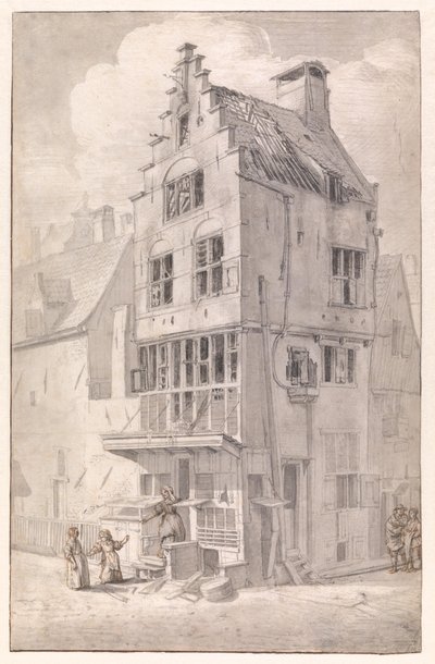 Ett nedbrunnet hus på Bloedstraat av Jan van der Heyden