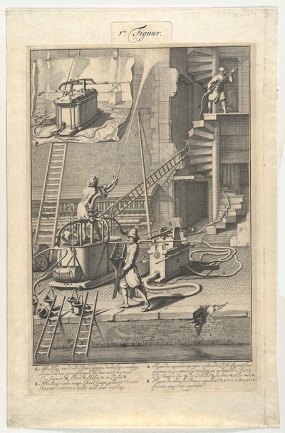 Gamla brandsprutor och nya slangbrandsprutor av Jan van der Heyden