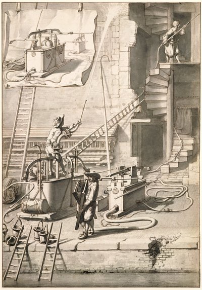 Jämförelse av de gamla brandslangarna med Van der Heydens slangbrandslang av Jan van der Heyden