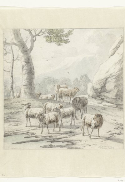 Landskap med en fårflock nära ett träd av Jan van der Meer (II)