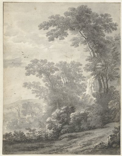 Berglandskap med träd nära en flod av Jan van der Meer (II)