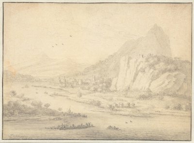 Bergigt flodlandskap med båtar av Jan van der Meer (II)