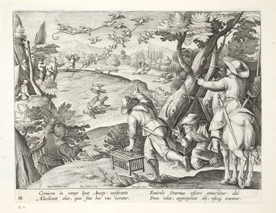 Fowlers som fångar kråkor, illustration från "Venationes, Ferarum, Avium, Piscium" (av jakt: vilda djur, fåglar, fiskar), graverad av Jan Collaert (1566-1628), pub. av Phillipus Gallaeus, Amsterdam (eng av Jan van der Straet