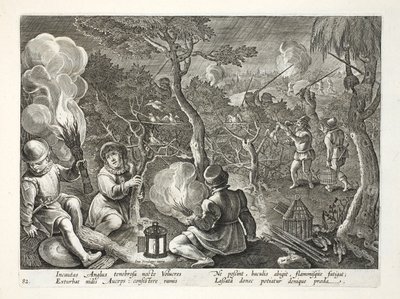 Fowlers som fångar fåglar på natten, illustration från "Venationes, Ferarum, Avium, Piscium" (av jakt: vilda djur, fåglar, fiskar), graverad av Jan Collaert (1566-1628), pub. av Phillipus Gallaeus, Amste av Jan van der Straet