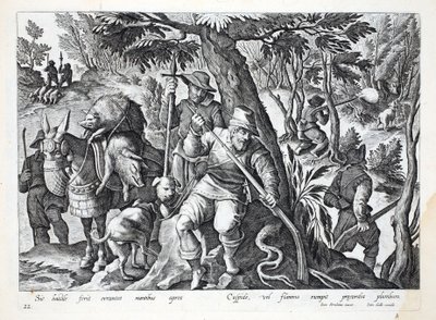Jägare använder spjut eller gevär laddade med bly för att jaga bergssvin, illustration från 
